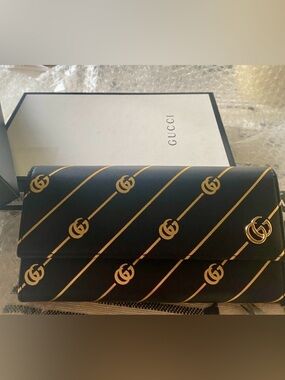 GUCCI GG Continental Striped Black/Gold Leather Flap Wallet, Rare